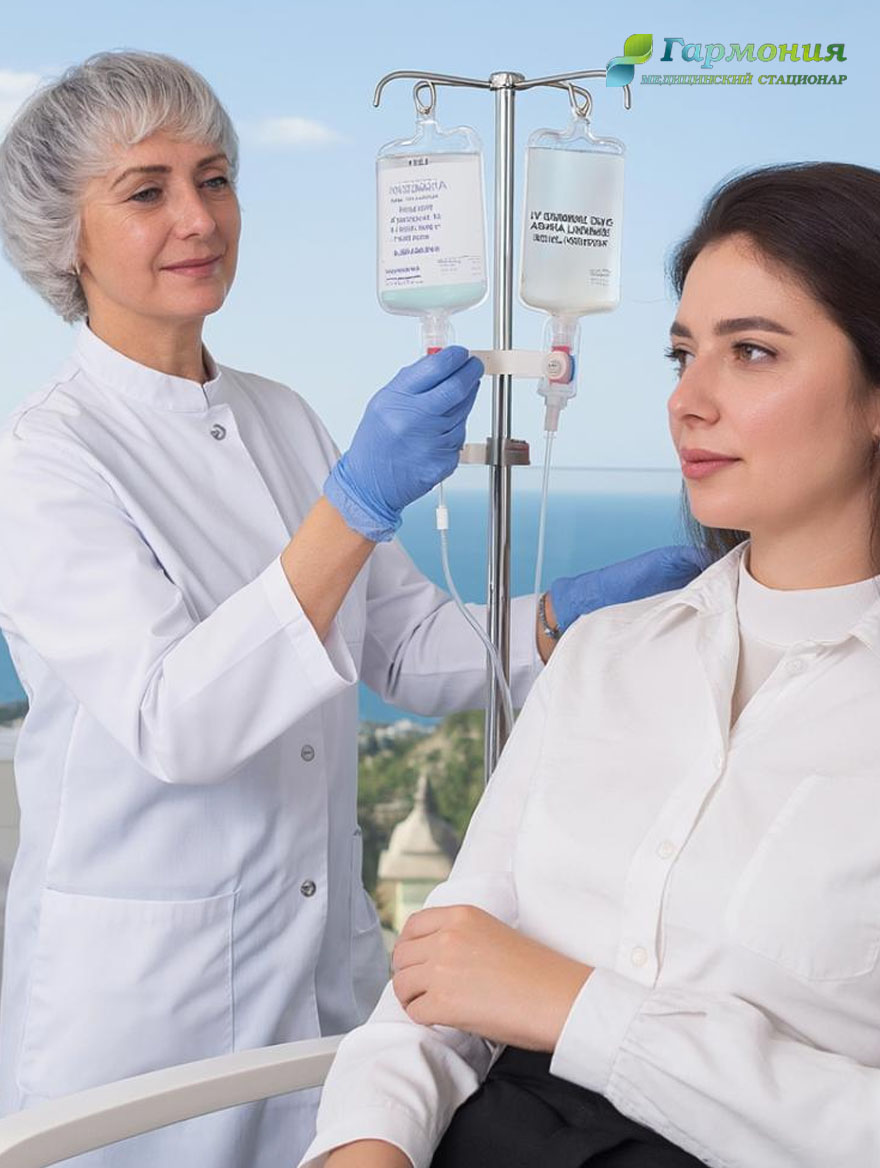 Врач и пациент с капельницей на фоне берега Пицунды