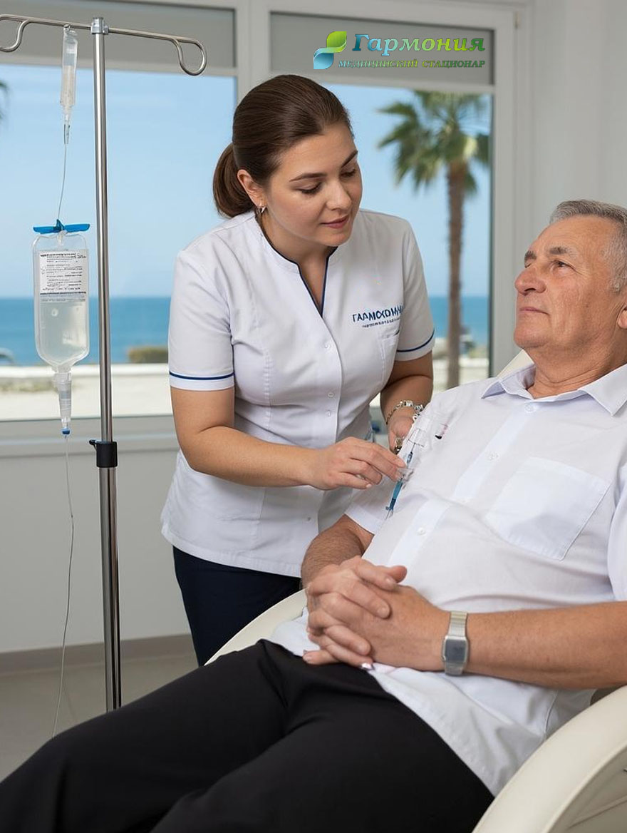 Врач и пациент с капельницей на фоне берега Пицунды