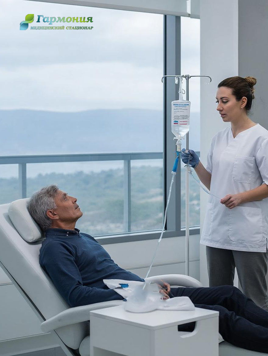 Врач и пациент с капельницей на фоне берега Пицунды