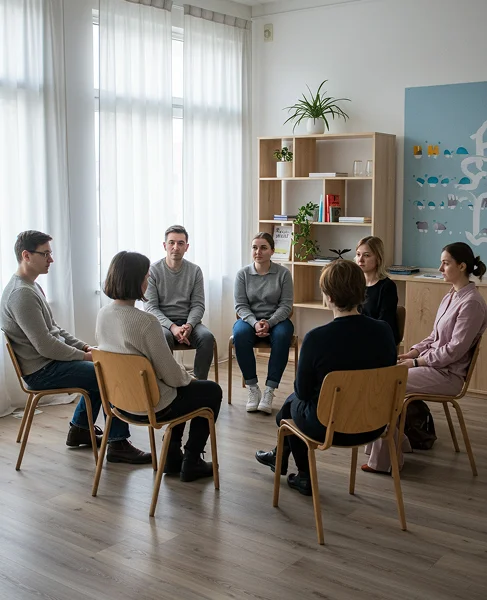 Люди сидят в кругу и разговаривают